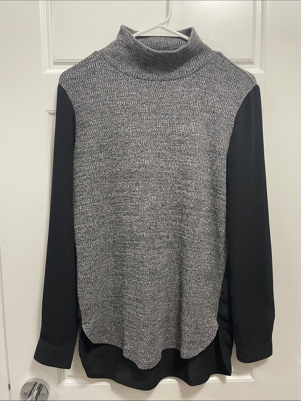 Women’s Gray Mockneck Knit Sweater with Sheer Black Sleeves